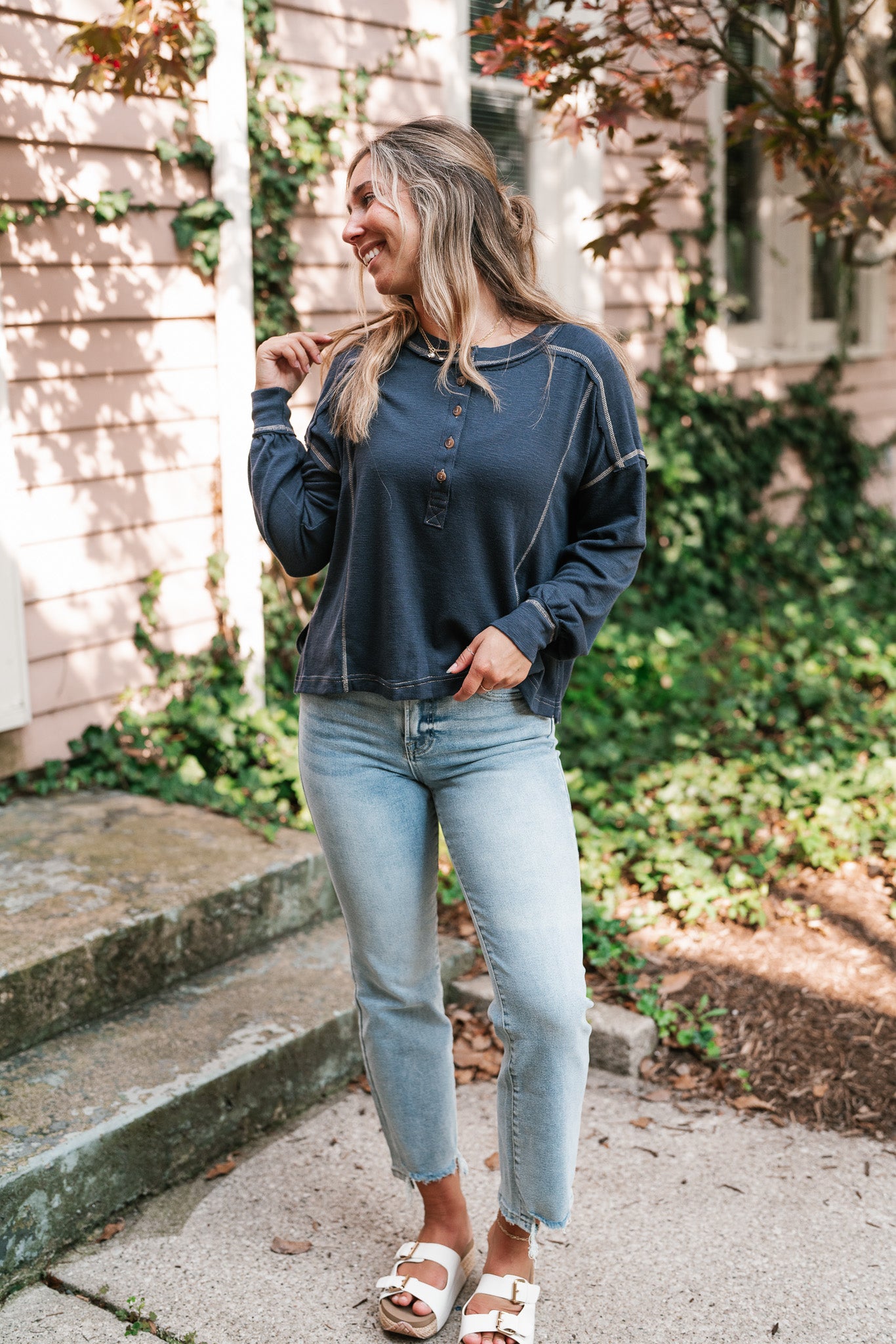 Keeping It Cozy Long Sleeve Henley Top - Navy