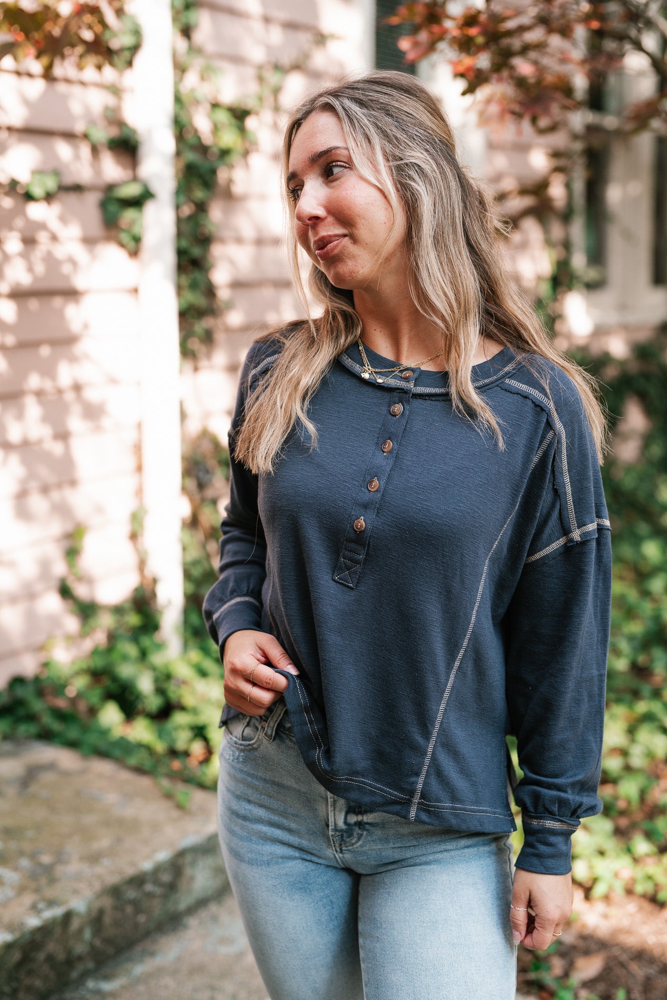 Keeping It Cozy Long Sleeve Henley Top - Navy