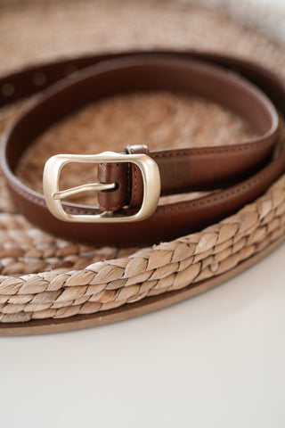 Solid Rectangle Buckle Leather Belt - Whiskey