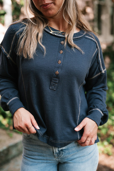 Keeping It Cozy Long Sleeve Henley Top - Navy