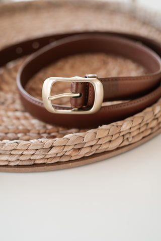 Solid Rectangle Buckle Leather Belt - Whiskey