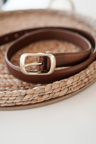 Solid Rectangle Buckle Leather Belt - Whiskey