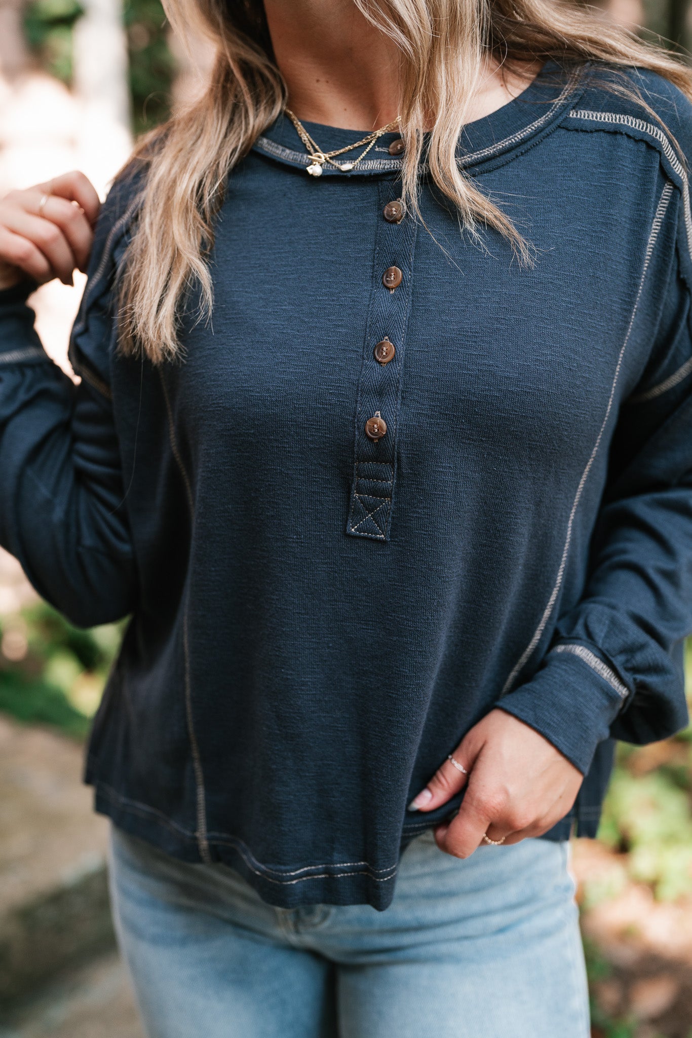 Keeping It Cozy Long Sleeve Henley Top - Navy