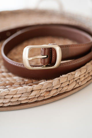 Solid Rectangle Buckle Leather Belt - Whiskey