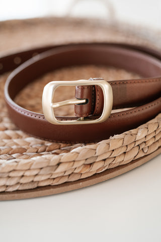 Solid Rectangle Buckle Leather Belt - Whiskey