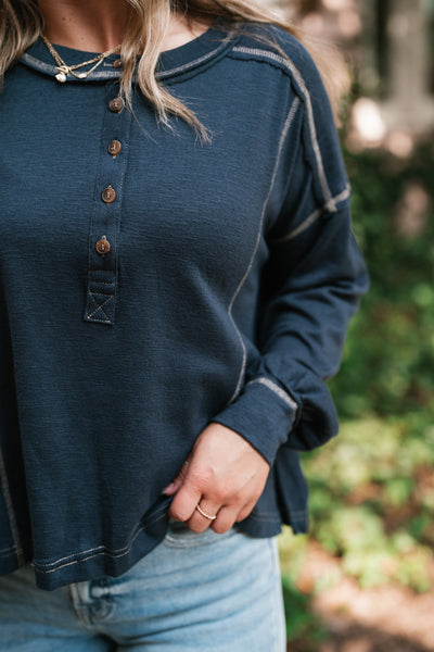 Keeping It Cozy Long Sleeve Henley Top - Navy