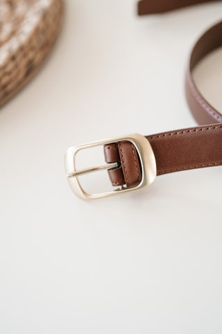 Solid Rectangle Buckle Leather Belt - Whiskey
