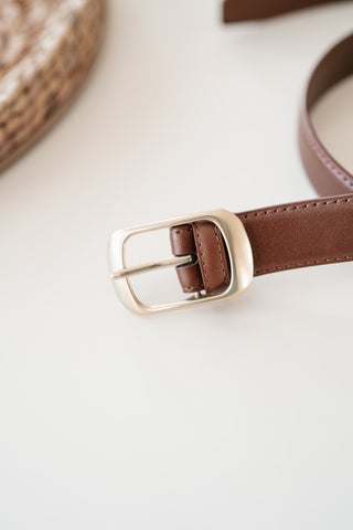 Solid Rectangle Buckle Leather Belt - Whiskey