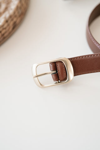 Solid Rectangle Buckle Leather Belt - Whiskey