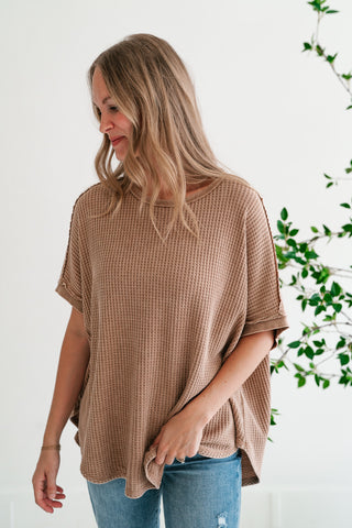Cozy Dune Dolman Waffle Knit Top - Coffee
