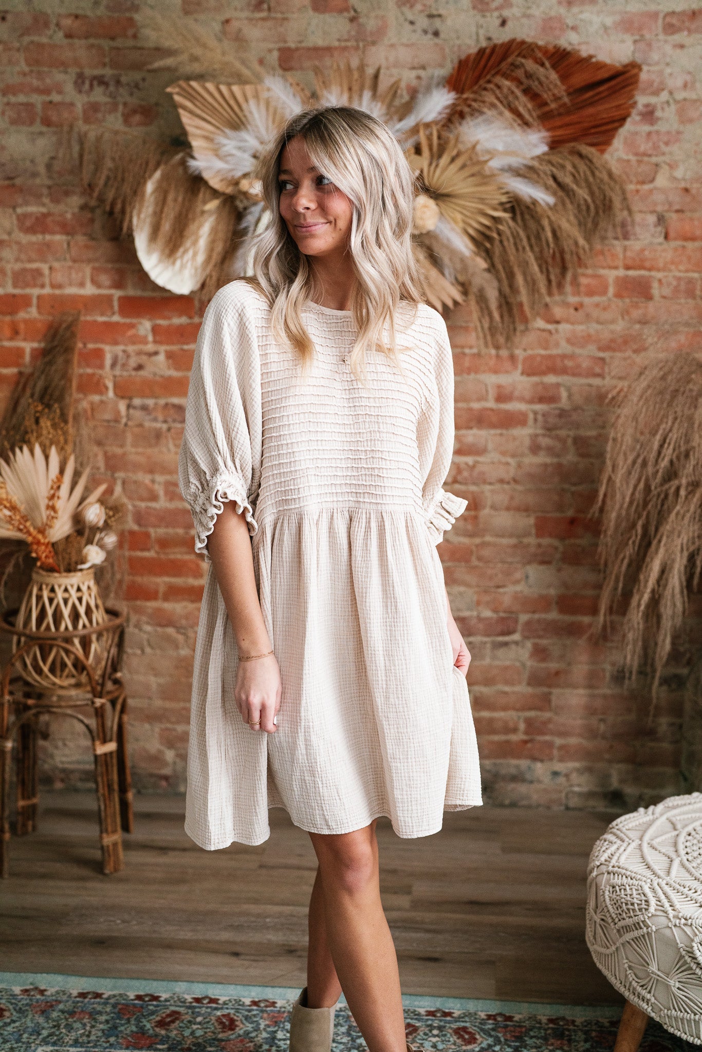 Stay Awhile Textured Mini Dress- Natural