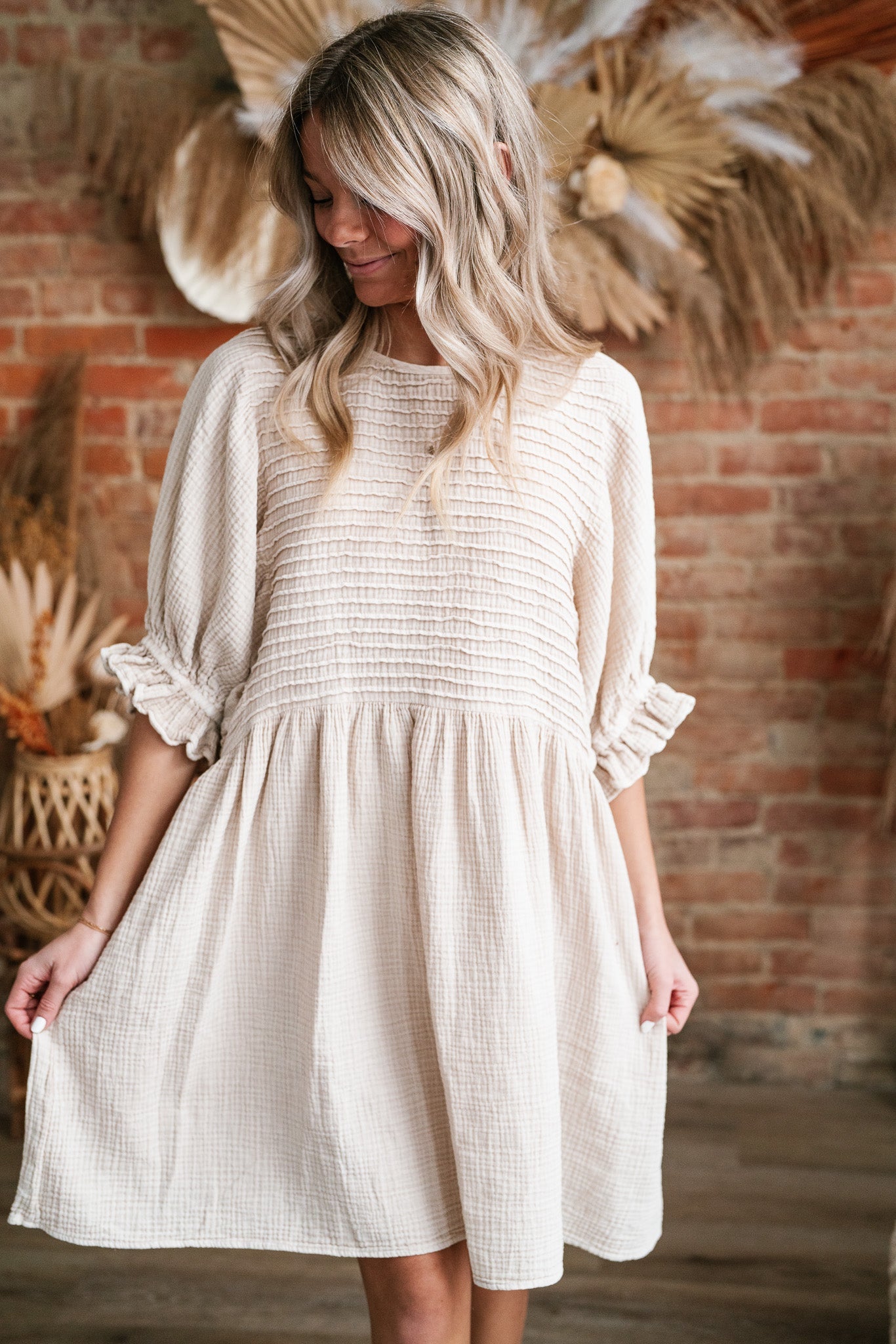 Stay Awhile Textured Mini Dress- Natural