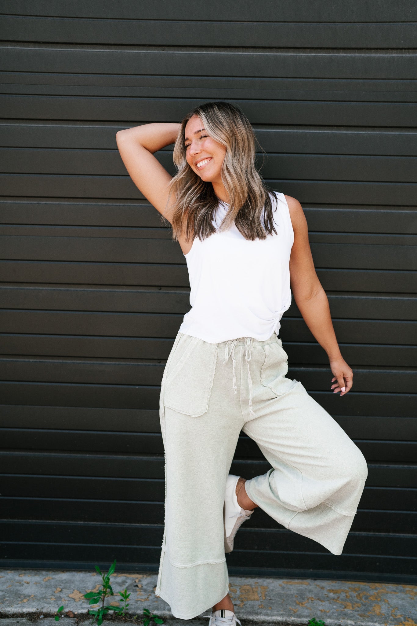 Can't Compete Mineral Wash Wide Leg Pants - Sage