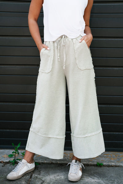 Can't Compete Mineral Wash Wide Leg Pants - Sage