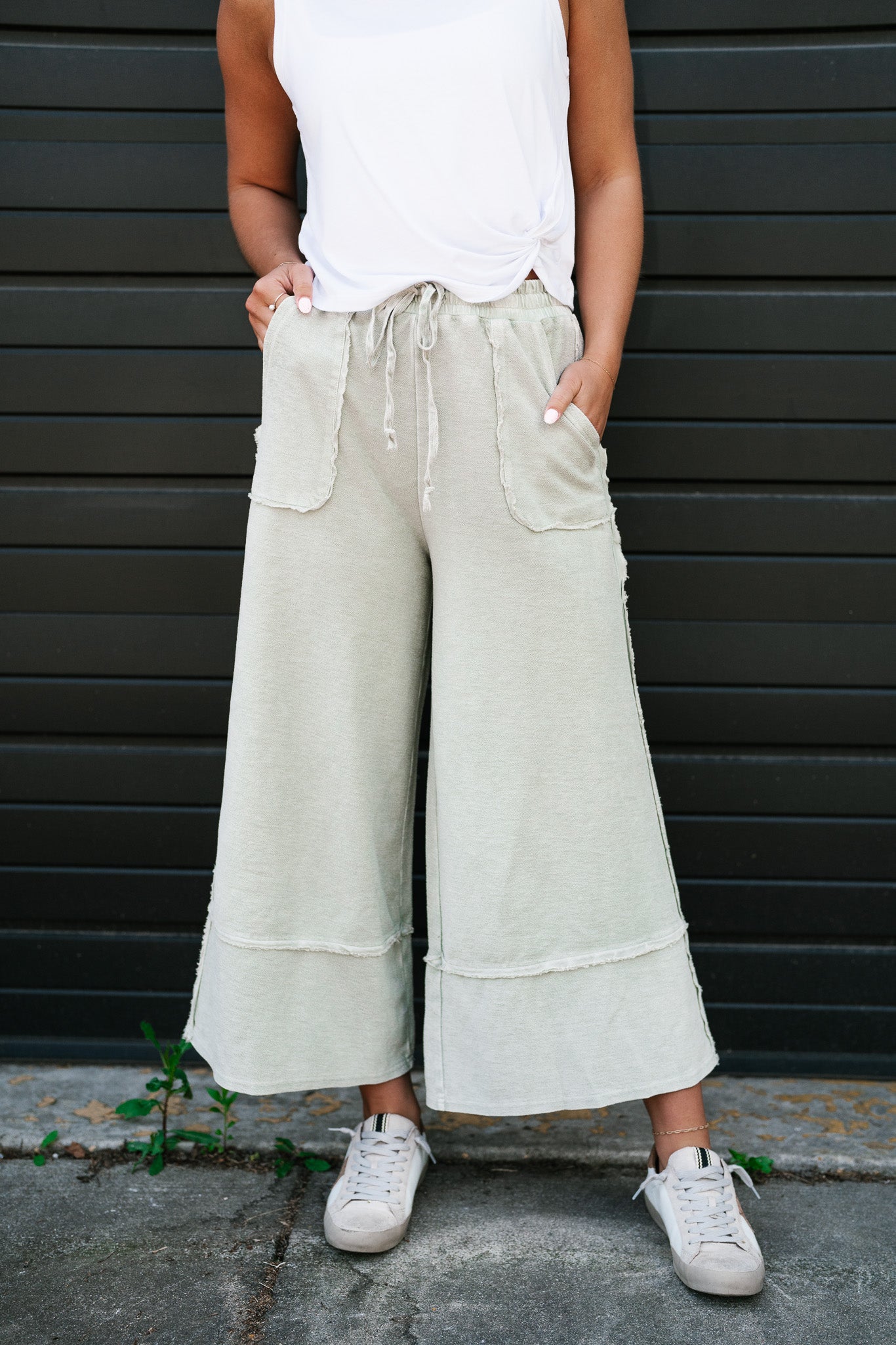 Can't Compete Mineral Wash Wide Leg Pants - Sage