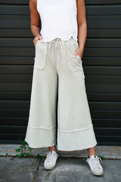 Can't Compete Mineral Wash Wide Leg Pants - Sage