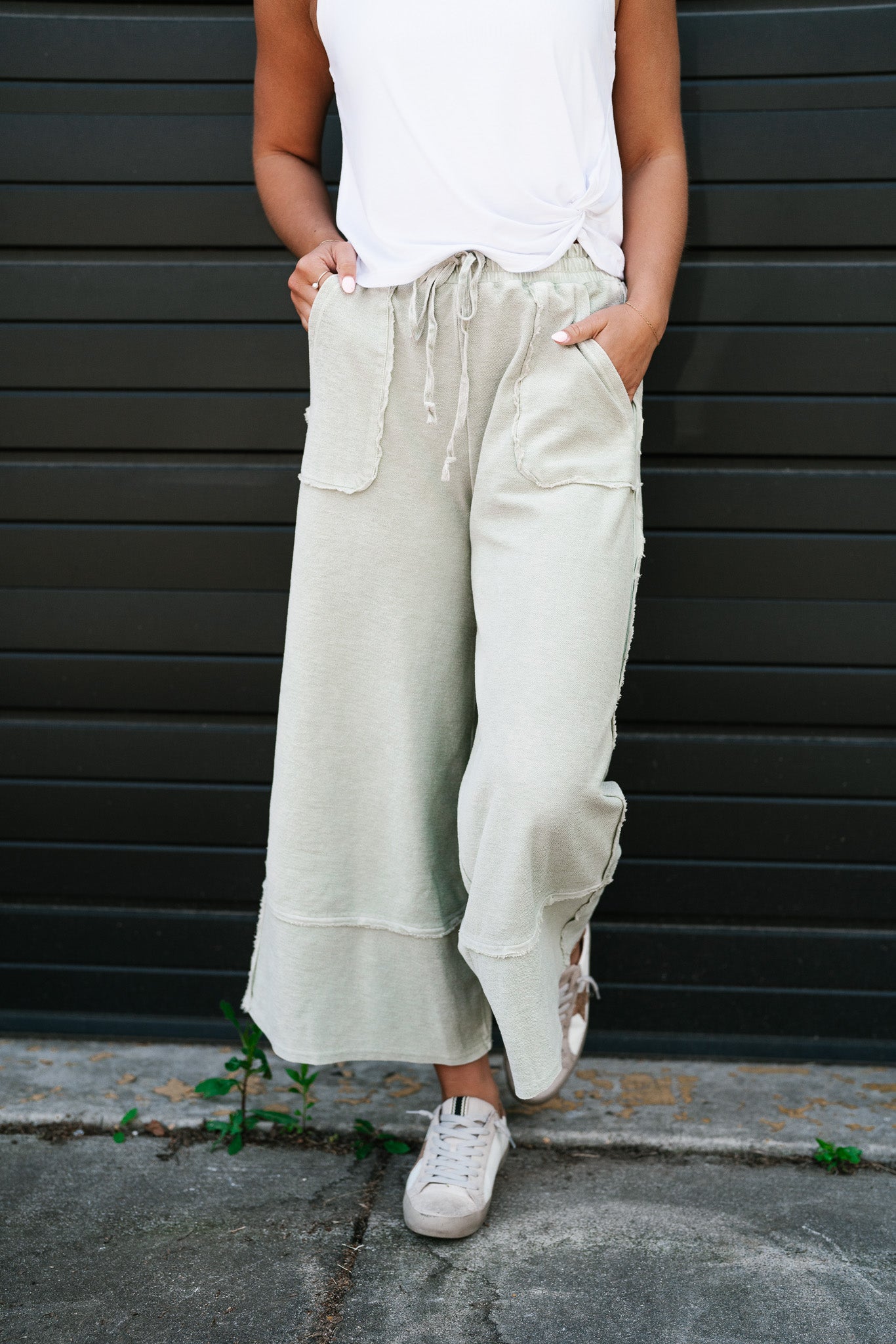 Can't Compete Mineral Wash Wide Leg Pants - Sage