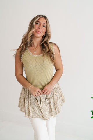 Meadowlight Ruffle Hem Layered Tunic Top - Sage