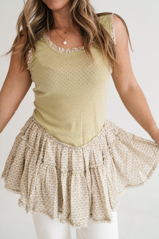Meadowlight Ruffle Hem Layered Tunic Top - Sage