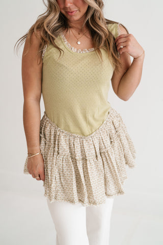 Meadowlight Ruffle Hem Layered Tunic Top - Sage