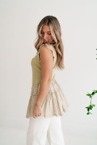Meadowlight Ruffle Hem Layered Tunic Top - Sage