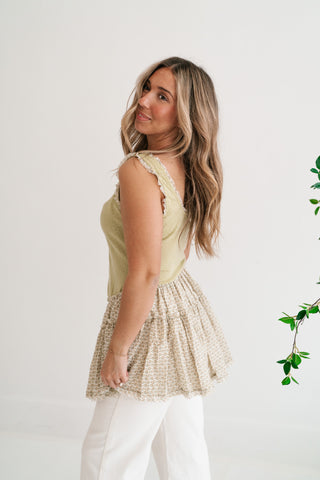 Meadowlight Ruffle Hem Layered Tunic Top - Sage