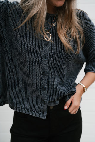 Close-up of the washed navy ribbed knit texture and button front on the Better Days cardigan