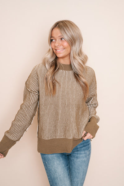 Next In Line Striped Sweater Top- Olive