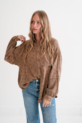 Rustic Relaxed Floral Gauze Button-Up Shirt