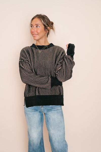 Next In Line Striped Sweater Top- Black