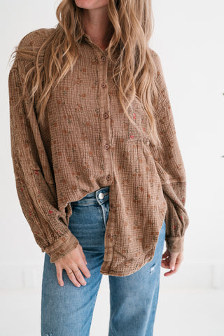 Rustic Relaxed Floral Gauze Button-Up Shirt