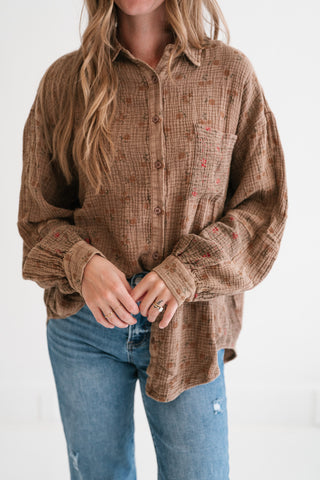 Rustic Relaxed Floral Gauze Button-Up Shirt