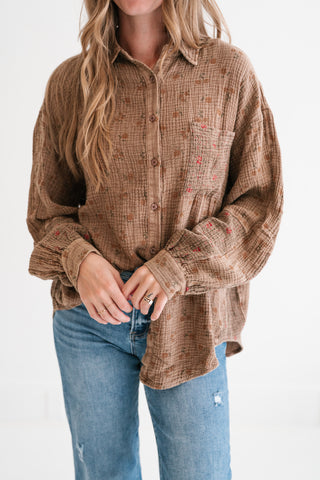 Rustic Relaxed Floral Gauze Button-Up Shirt