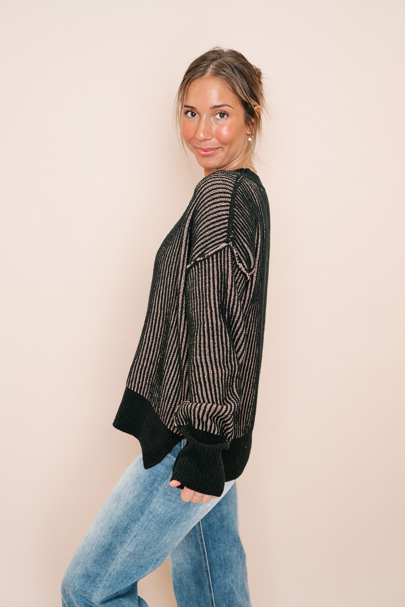 Next In Line Striped Sweater Top- Black