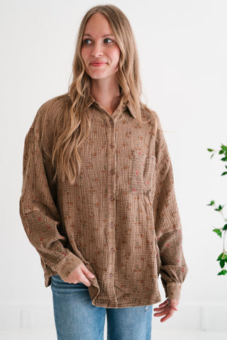 Rustic Relaxed Floral Gauze Button-Up Shirt