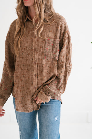 Rustic Relaxed Floral Gauze Button-Up Shirt