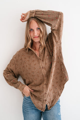 Rustic Relaxed Floral Gauze Button-Up Shirt