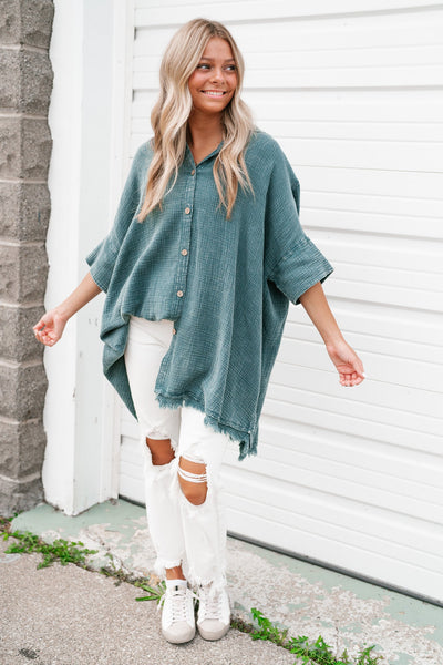 Just The One Gauze Button Up Tunic - Teal