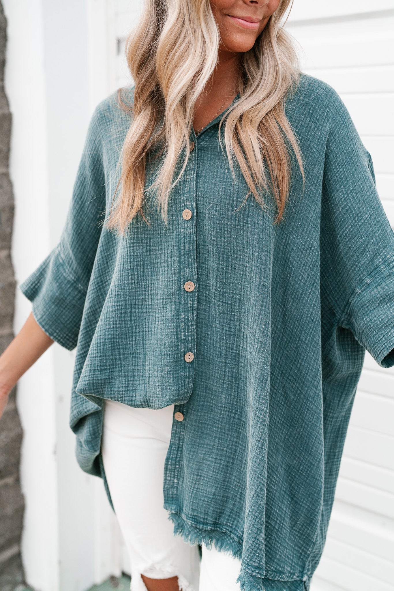 Just The One Gauze Button Up Tunic - Teal