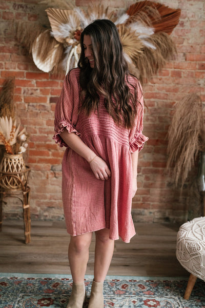 Stay Awhile Textured Mini Dress- Rose