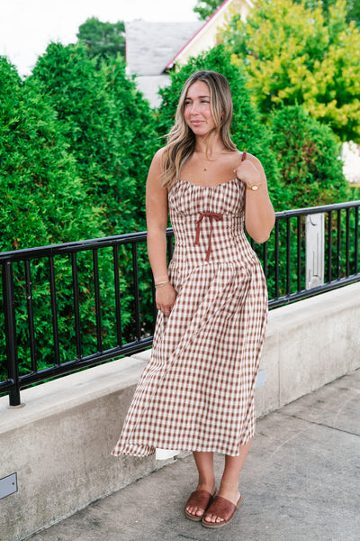Gingham Daydream Midi Dress - Brown