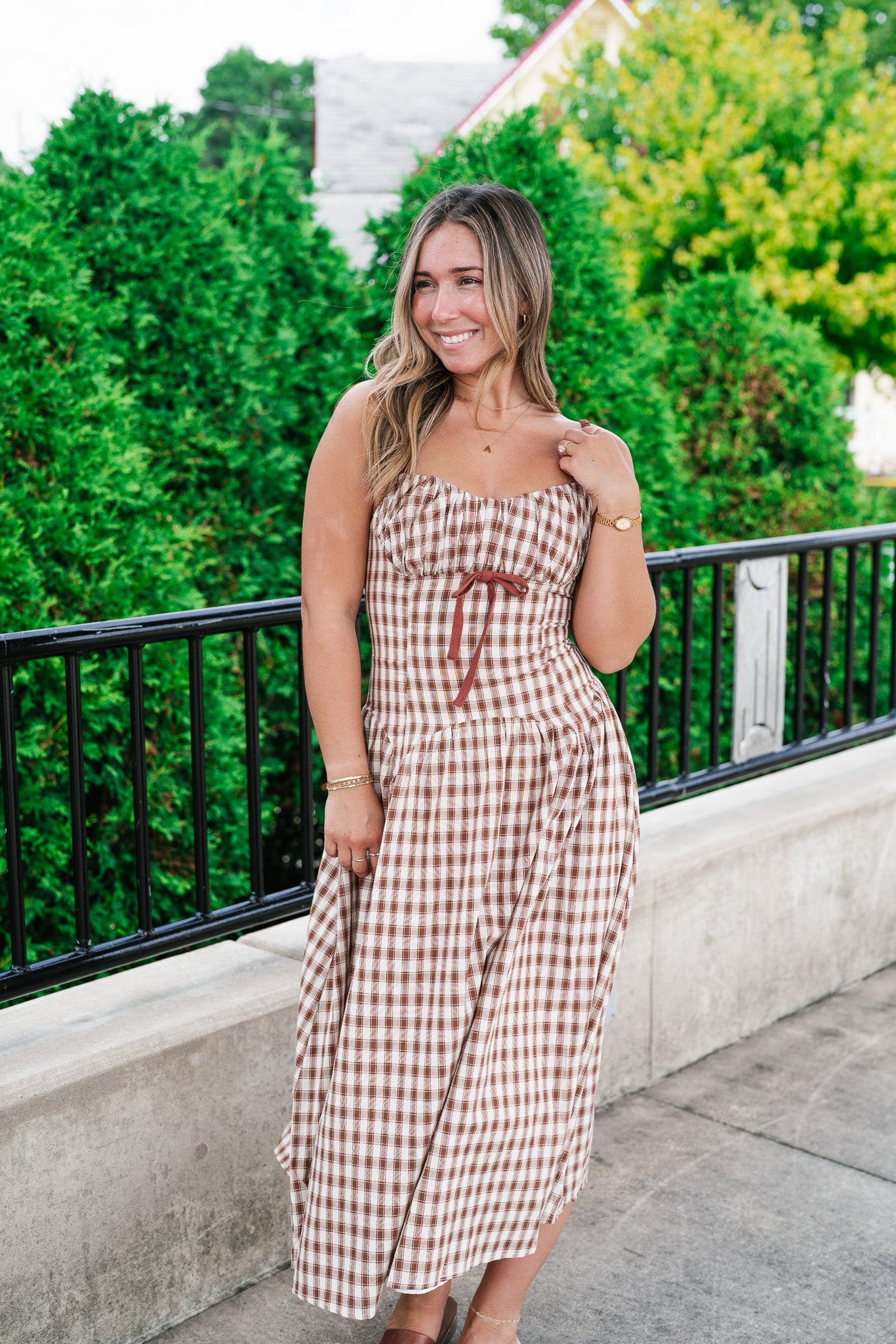 Gingham Daydream Midi Dress - Brown