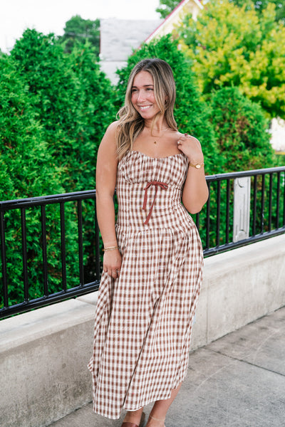 Gingham Daydream Midi Dress - Brown