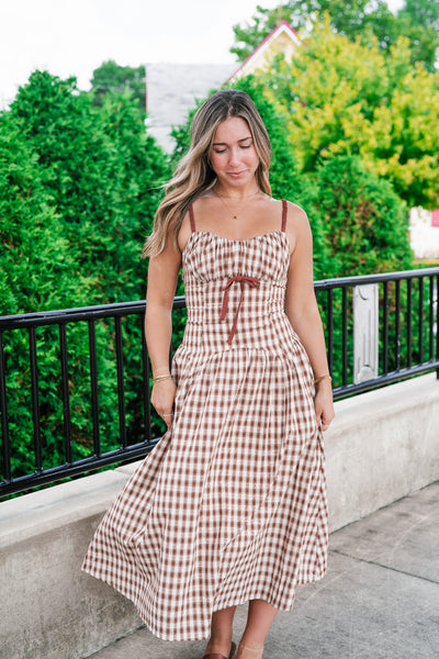 Gingham Daydream Midi Dress - Brown