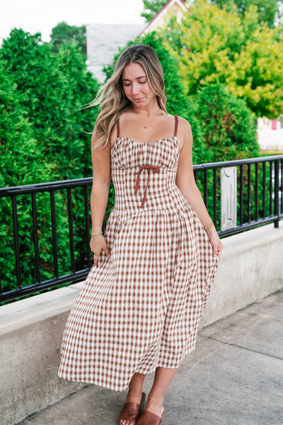 Gingham Daydream Midi Dress - Brown