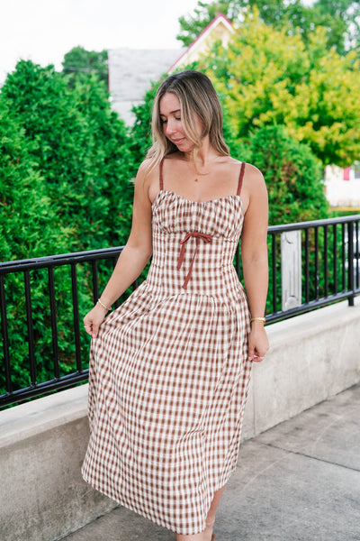 Gingham Daydream Midi Dress - Brown