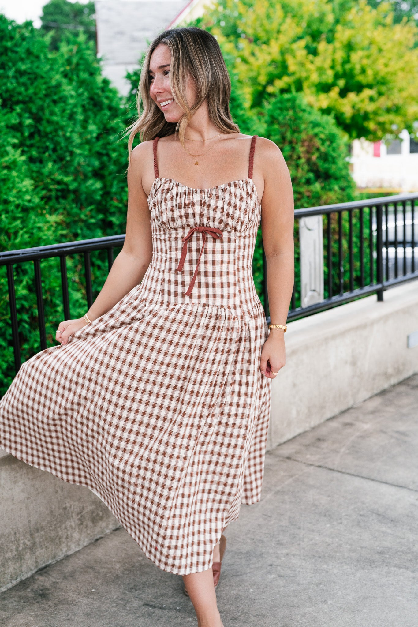 Gingham Daydream Midi Dress - Brown