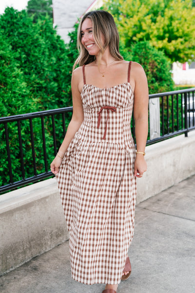 Gingham Daydream Midi Dress - Brown