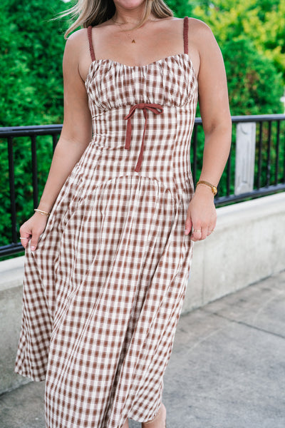Gingham Daydream Midi Dress - Brown