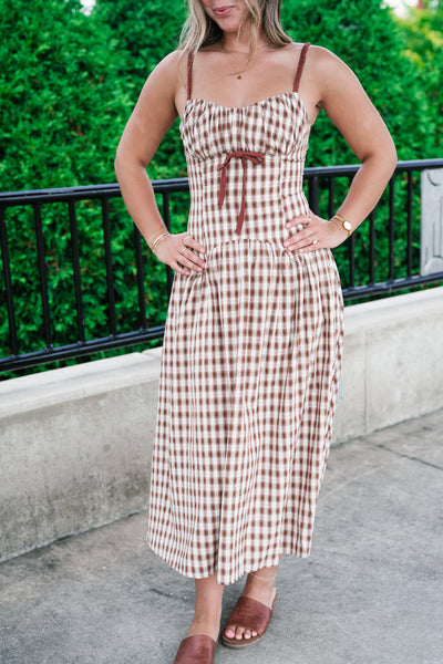 Gingham Daydream Midi Dress - Brown